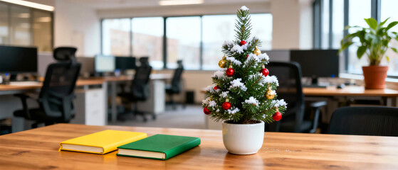 Festive office vibes with miniature Christmas tree and colorful notebooks, spreading holiday cheer in a modern workspace