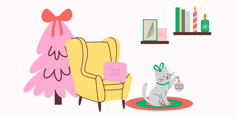 Christmas cozy interior with cat, pink tree, yellow armchair