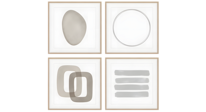 Four framed abstract art prints with neutral tones and geometric shapes isolated on a transparent background