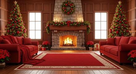 Cozy traditional Christmas living room interior with stone fireplace, red sofas and decorated twin trees.