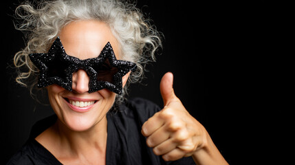 Happy Senior, Mature Caucasian Woman, Grey Hair Wearing Black Glitter Star Shaped Sunglasses Giving Thumb Up on Black Background, Stylish Black Friday Promotion, Studio Portrait, Copy Space. 