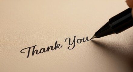 Writing 'thank you' message on textured paper with a black pen, close up.