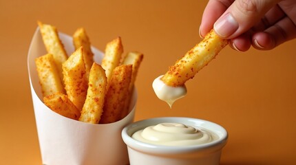 A hand dips a seasoned French fry into creamy sauce, with a container of fries beside it, against a warm orange background.