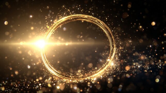 A sparkling golden ring shines brightly in the center, surrounded by glittering particles that create a magical effect. The golden ring draws the eye with its radiant glow and vibr - Powered by Adobe