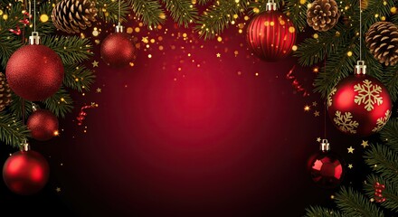 Luxury Christmas frame border with red ornaments, pine cones and sparkling gold glitter background.
