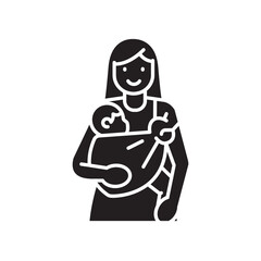 baby in sling with mother black line icon. Vector isolated element