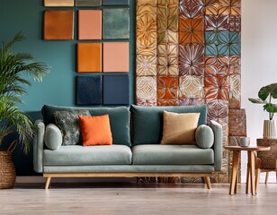 handmade ceramic tiles add texture and color to a stylish accent wall in a contemporary living space