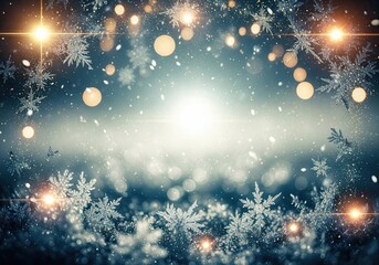 Magical Christmas winter background with falling snow, golden bokeh and frosted snowflakes frame.
