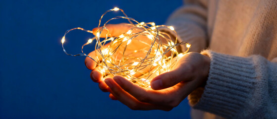 Person holding string lights creating a warm, cozy atmosphere for holiday decorations or festive celebrations during winter season