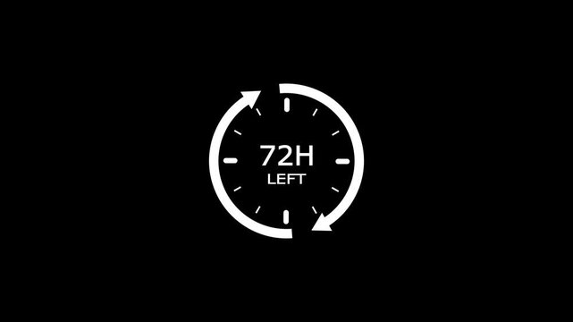 24 hours clock with circle arrow and the numbers 72 Hour left. video animation on a black background, Clock timer, time passage waiting time 4k video animation hour countdown timer. Clock icon. - Powered by Adobe