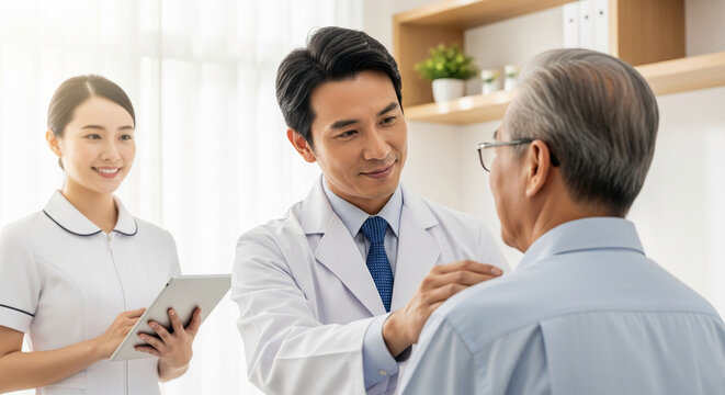 Indoor shot of a doctor examining an elderly patient, while nurse holds a tablet. Represents healthcare, empathy, and medical consultation
