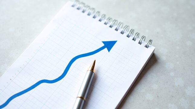 A silver pen with a gold tip lies on a spiral notebook with a blue upward-trending graph, on a light background. - Powered by Adobe