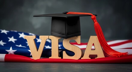Graduation cap on 'visa' letters with american flag, symbolizing study abroad.