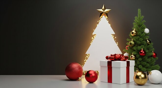 Modern minimalist Christmas banner with copy space, white cutout tree and festive decor on table.