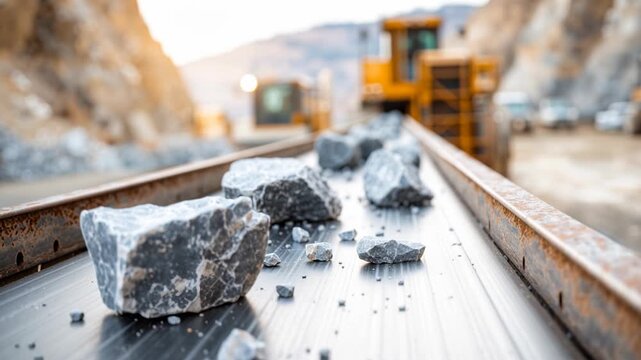 close up view of rough mined rocks being transported on a conveyor belt in a quarry with blurred heavy machinery in the background