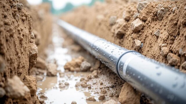 close-up of a black plastic water pipe with connector laid in a trench during outdoor construction or plumbing installation