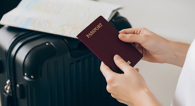 Close-up of hands holding a passport, with a travel suitcase and map. study abroad concept.