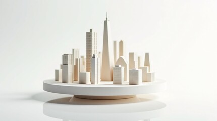 A minimalist model of a cityscape with various beige and white buildings, centered by a tall skyscraper, on a white circular platform against a plain white background.