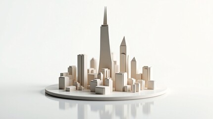 Obraz premium A minimalist model of a cityscape with various beige buildings, centered by a tall skyscraper, on a white circular platform against a plain white background.