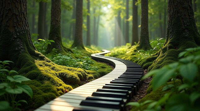 A winding path designed like a piano keyboard in a sunlit, mossy forest, surrounded by trees and green foliage.