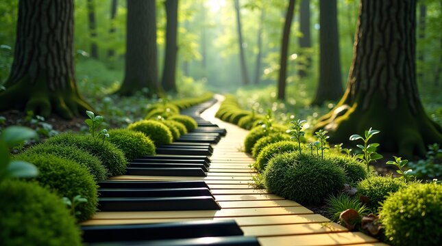 A winding path designed like a piano keyboard in a sunlit forest, surrounded by lush moss, green foliage, and tall trees. - Powered by Adobe