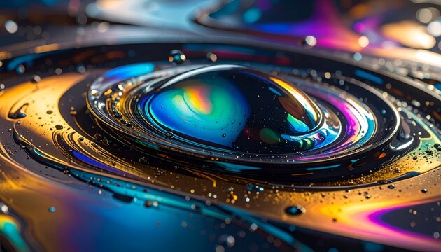 Vibrant, swirling abstract liquid surface with colorful, iridescent droplets & reflections
