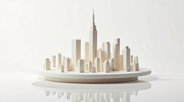 Fototapeta A minimalist model of a cityscape with various beige buildings, centered by a tall skyscraper, on a white circular platform against a plain white background.