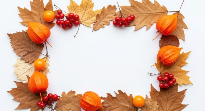 Autumn border with vibrant physalis, dry leaves, and red berries