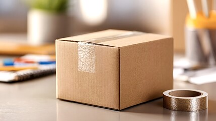 Cardboard box with clear packing tape sealing the top, sitting on a desk next to a roll of craft tape, representing e commerce packaging, mailing, and moving concepts