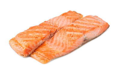 Pieces of tasty grilled salmon isolated on white