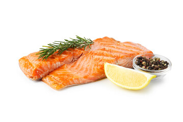 Pieces of tasty grilled salmon, rosemary, peppercorns and lemon slice isolated on white