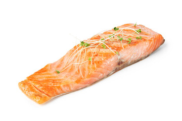 Piece of tasty grilled salmon and microgreens isolated on white