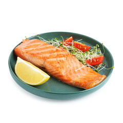 Piece of tasty grilled salmon, lemon, tomato slices and microgreens isolated on white