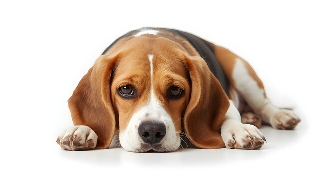 Adorable Beagle Dog Lying Down Staring Straight at Camera on White Background