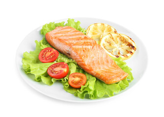 Piece of tasty grilled salmon, lemon slices and salad isolated on white
