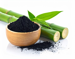natural composition features several pieces of black charcoal chunks and a wooden bowl filled with fine black charcoal powder. A small wooden scoop holds more powder, and fresh green bamboo leaves add