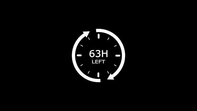 24 hours clock with circle arrow and the numbers 63 Hour left. video animation on a black background, Clock timer, time passage waiting time 4k video animation hour countdown timer. Clock icon.