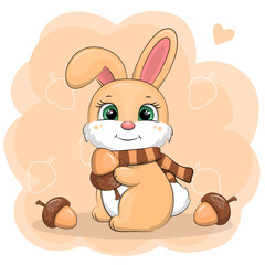 Cute cartoon Rabbit with acorns. Autumn Vector illustration of animal on orange background.