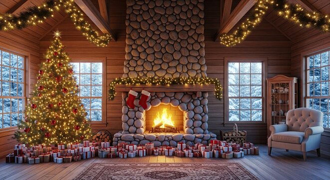 Rustic Christmas log cabin interior with stone fireplace, lit tree and an abundance of wrapped gifts.