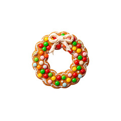 gingerbread wreath cookie with candy decorations and icing bow isolated on transparent background