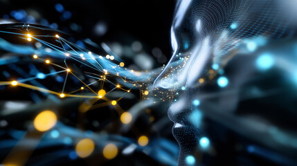 Blurred luminous data channels flowing through a complex circuit lattice, dreamy and futuristic interpretation of AI cognition, faceless, with copy space