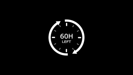 24 hours clock with circle arrow and the numbers 60 Hour left. video animation on a black background, Clock timer, time passage waiting time 4k video animation hour countdown timer. Clock icon.