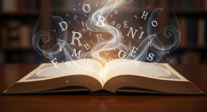 Open book with floating letters, symbol of knowledge and learning