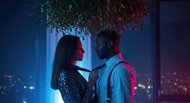 An elegant interracial couple shares a romantic moment under mistletoe against a city nightscape.