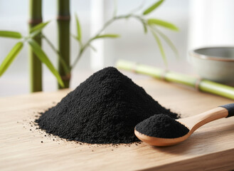 natural composition features several pieces of black charcoal chunks and a wooden bowl filled with fine black charcoal powder. A small wooden scoop holds more powder, and fresh green bamboo leaves add
