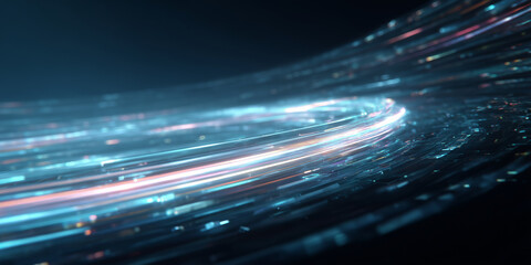 Abstract flowing data streams forming dynamic curved light trails in soft neon colors. Futuristic technology background symbolizing digital connectivity, speed and information flow