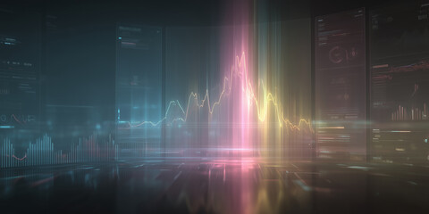 Futuristic holographic fintech dashboard with glowing financial analytics, abstract data charts and light streaks, presented in a modern glass-UI aesthetic. Soft neon gradients, high-tech atmosphere