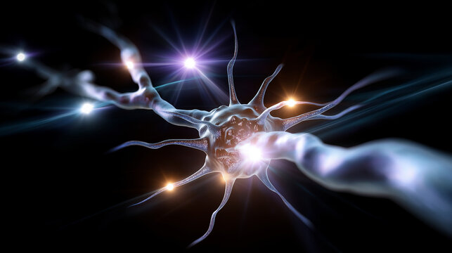 Defocused fractal pattern of synthetic neuron lights branching across a metallic core, minimal detail with strong atmospheric glow, faceless tech concept, with copy space - Powered by Adobe