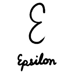 Epsilon symbol in black ink on white background representing the fifth letter of the Greek alphabet and mathematical notation for calculus and statistics