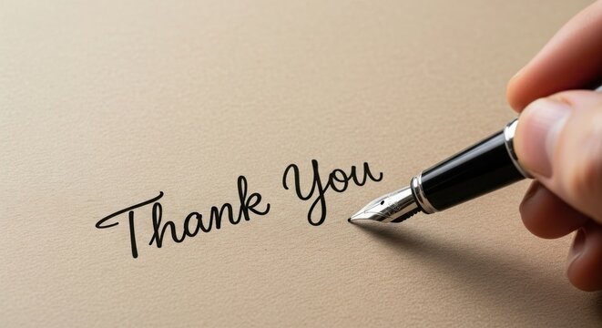 Hand writing "thank you" message with a fountain pen on paper.